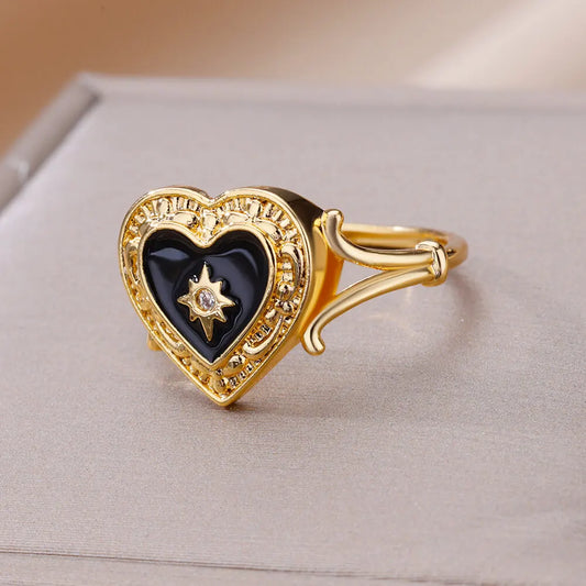 Gold Black Heart Vintage Style Ring - Anti-valentines style